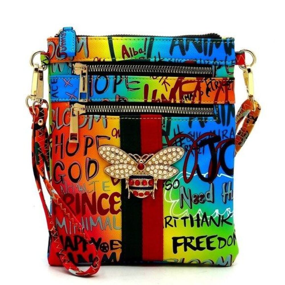 Multi Graffiti Queen Bee Stripe Crossbody Bag Wristlet Blue & Fuchsia Zip Top